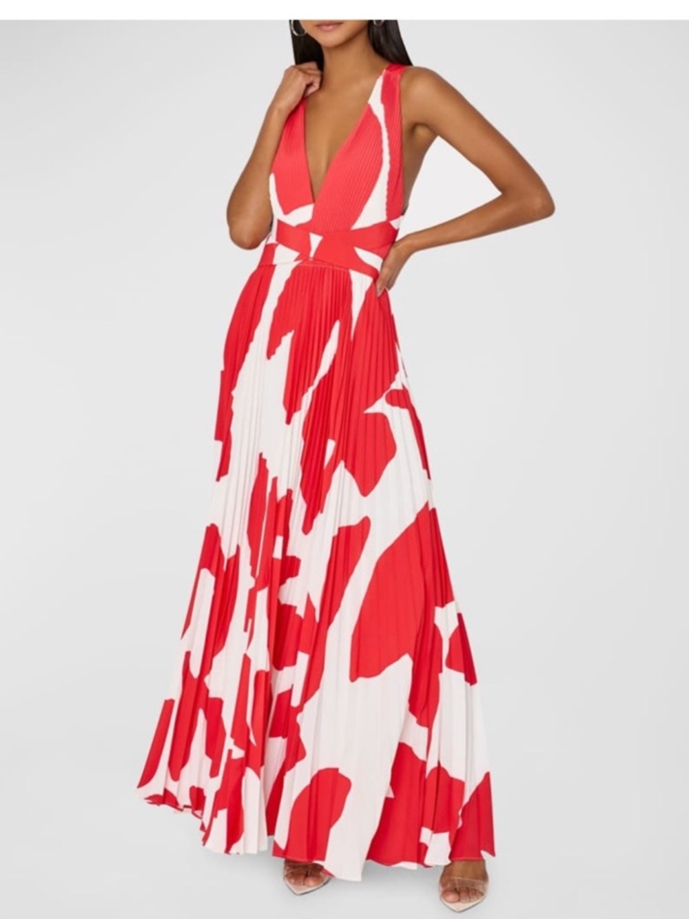 Milly Oroa Grand Foliage Pleated / Plisse Plunge Maxi Dress